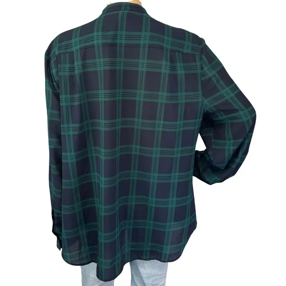 J. Crew Drapey Tuxedo Bib Blouse in Navy Green Plaid E5598 Size XL